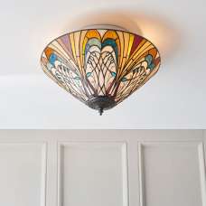 Hector Tiffany Glass Shade Flush Light In Satin Black - UK