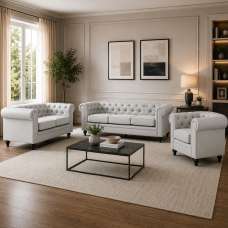 Hertford Chesterfield Faux Leather 3+2+1 Seater Sofa Set in Light Grey - UK