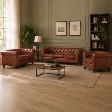 Hertford Chesterfield Faux Leather 3+2+1 Seater Sofa Set in Tan - UK