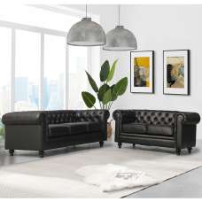 Hertford Chesterfield Faux Leather 3+2 Seater Sofa Set In Black - UK