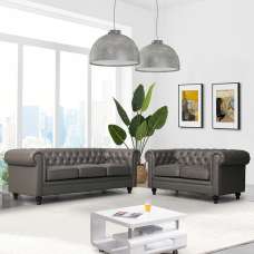 Hertford Chesterfield Faux Leather 3+2 Seater Sofa Set In Dark Grey - UK