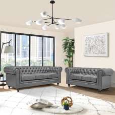 Hertford Chesterfield Faux Leather 3+2 Seater Sofa Set In Vintage Grey - UK