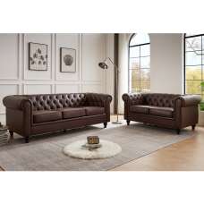 Hertford Chesterfield Faux Leather 3+2 Seater Sofa Set In Dark Brown - UK