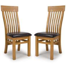 Hewitt Oak Wooden Slat Dining Chairs With Black Leather Seat In Pair - UK