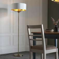 Hixson 3 Light Natural Fabric Floor Lamp In Antique Brass - UK