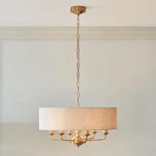 Hixson 6 Light Natural Fabric Pendant Ceiling Light In Brass - UK