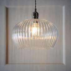 Hixson Medium Ribbed Glass Pendant Ceiling Light In Nickel - UK