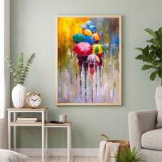 Impressionist Wooden 50x70cm Rainy Day Umbrella Wall Frame in Multicolour - UK
