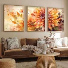 Impressionist Wooden 30x40cm Golden Dahlia Art of Frame Set of 3 in Multicolour - UK