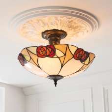Ingram 3 Lights Tiffany Glass Semi Flush Light In Satin Black - UK