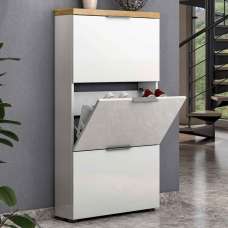 Inverness High Gloss Shoe Cabinet With 3 Flaps And Oak Top In White - UK