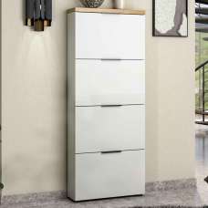 Inverness High Gloss Shoe Cabinet With 4 Flaps And Oak Top In White - UK