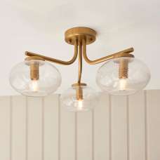 Jaffrey 3 Lights Clear Glass Semi Flush Ceiling Light In Brass - UK