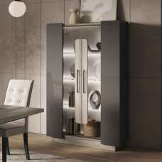 Avora High Gloss Display Cabinet with 2 Doors in Dark Grey Pine and LED - UK