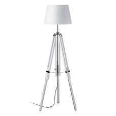 Jaspro White Fabric Shade Floor Lamp With Wooden Tripod Base - UK