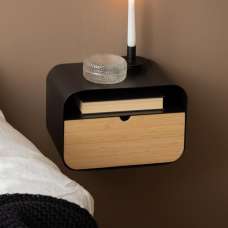 Jicama Metal Wall Hung Bedside Cabinet With Oak Drawer In Black - UK