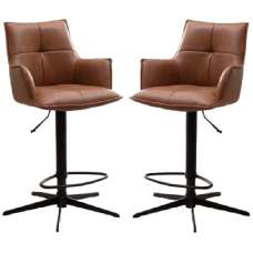 Joplin Tan PU Leather Bar Chairs With Metal Base In Pair - UK