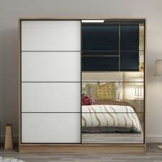 Kale 190cm Wooden Sliding Mirror Wardrobe with 2 Doors in Dore and White - UK
