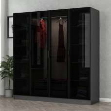 Kale H190cm Wooden Mirror Wardrobe with 4 Doors in Anthracite and Black - UK