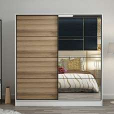Kale H190cm Wooden Sliding Mirror Wardrobe with 2 Doors in White and Oak - UK