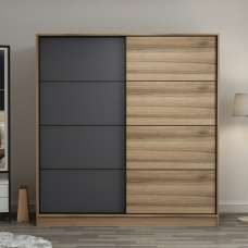 Kale H190cm Wooden Sliding Wardrobe with 2 Doors in Oak and Anthracite - UK
