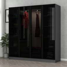 Kale H210cm Wooden Mirror Wardrobe with 4 Doors in Anthracite and Black - UK