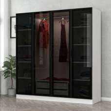 Kale H210cm Wooden Mirror Wardrobe with 4 Doors in White and Black - UK