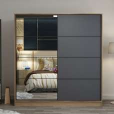 Kale H210cm Wooden Sliding Mirror Wardrobe with 2 Doors in Oak and Anthracite - UK