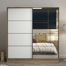 Kale H210cm Wooden Sliding Mirror Wardrobe with 2 Doors in White and Oak - UK