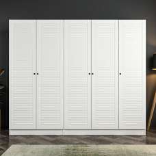 Kale H210cm Wooden Wardrobe with 5 Slatted Doors in White - UK