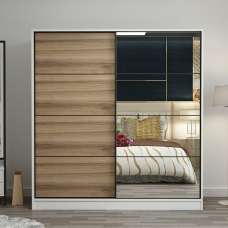 Kale Mirrored Sliding Wardrobe with 2 Doors in White and Oak - UK