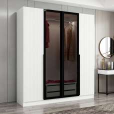 Kale Mirrored Wardrobe with 4 Doors in White and Dark Grey - UK