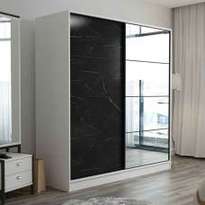 Kale Wooden Sliding Mirror Wardrobe with 2 Doors in White and Black - UK