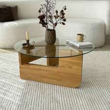 Kallisto Pine Wood Coffee Table with Clear Glass Top in Oak - UK