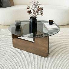 Kallisto Pine Wood Coffee Table with Fume Glass Top in Walnut - UK