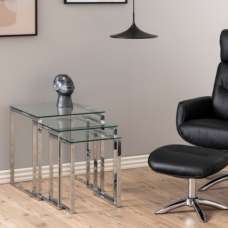 Keene Clear Glass Nest Of 3 Tables With Chrome Metal Frame - UK