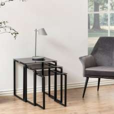 Keene Smoked Glass Nest Of 3 Tables With Black Metal Frame - UK