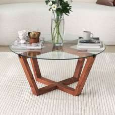 Kensai Round Glass Top Coffee Table with Wooden Base in Oak - UK
