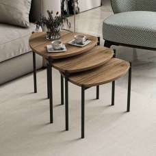 Kingsley Triangle Wooden Nest of 3 Side Table with Metal Legs in Walnut - UK