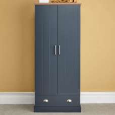 Kirkby Wooden Wardrobe With 2 Doors 1 Drawer In Slate Blue And Oak - UK
