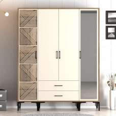 Kumsal Wooden Mirror Wardrobe with 4 Doors 2 Drawers in Cream and Walnut - UK