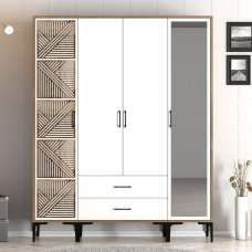 Kumsal Wooden Mirror Wardrobe with 4 Doors 2 Drawers in White and Walnut - UK