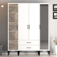 Kumsal Wooden Mirror Wardrobe with 4 Doors 2 Drawers in White - UK