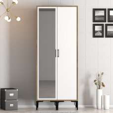 Kumsal Wooden Wardrobe with 1 Left Mirror Door in White and Walnut - UK