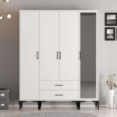 Kumsal Wooden Wardrobe with 1 Mirror Door 2 Drawers in White - UK