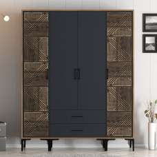 Kumsal Wooden Wardrobe with 2 Geometric Slatted Doors in Walnut and Anthracite - UK