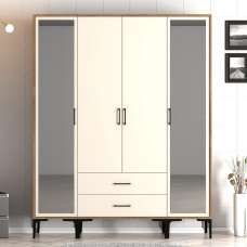 Kumsal Wooden Wardrobe with 2 Mirror Doors 2 Drawers in Cream and Walnut - UK