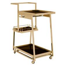 Kurhah Black Glass 3 Tier Drinks Trolley - Gold Frame - UK