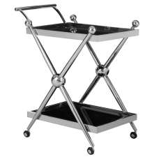 Kurhah Black Glass Serving Trolley With Silver Cross Frame - UK