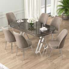 Lai Anthracite Lacquer Panel Dining Table with 6 Fabric Cappuccino Chairs in Chrome - UK